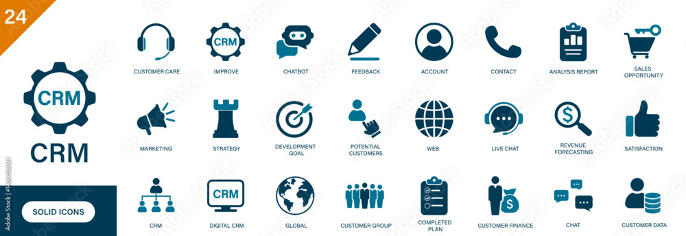 CRM icon set. Containing customer care, business, customer data, contact. Solid vector collection. CRM icon set. Containing customer care, business, customer data, contact. Solid vector collection.