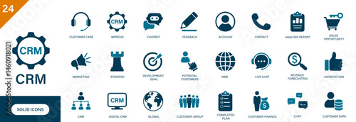 CRM icon set. Containing customer care, business, customer data, contact. Solid vector collection.