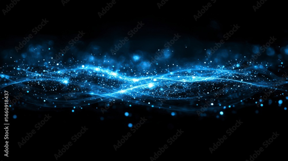 Abstract Blue Glowing Particles Energy Waves Dark Background Digital Art