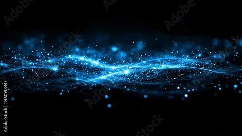 Obraz na płótnie Abstract Blue Glowing Particles Energy Waves Dark Background Digital Art w salonie