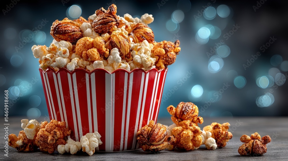Delicious Caramel and Buttered Popcorn in Striped Bucket