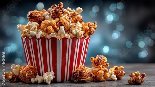 Obraz na płótnie Delicious Caramel and Buttered Popcorn in Striped Bucket w salonie
