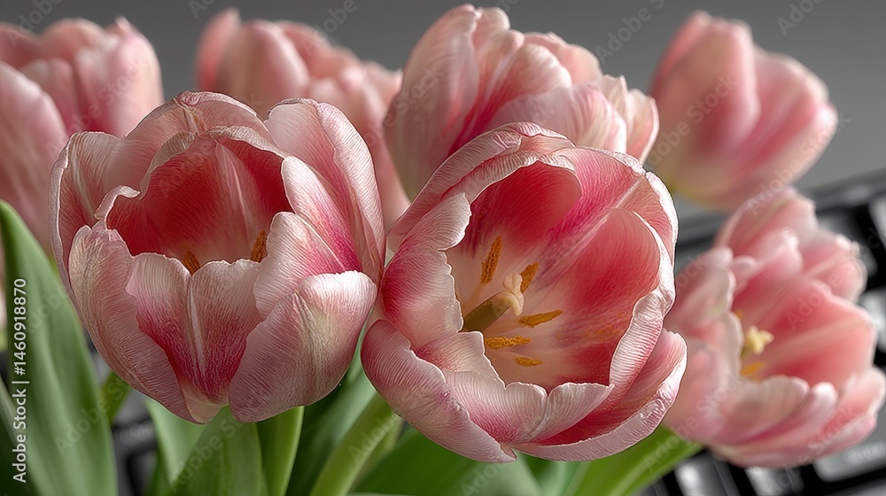 Pink Tulips Spring Blooms Closeup Office Desk Minimalist