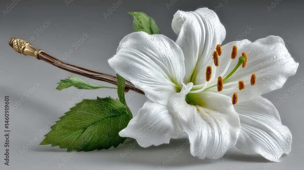 Elegant White Lily Flower with Dew Drops Minimalist Floral Photography
