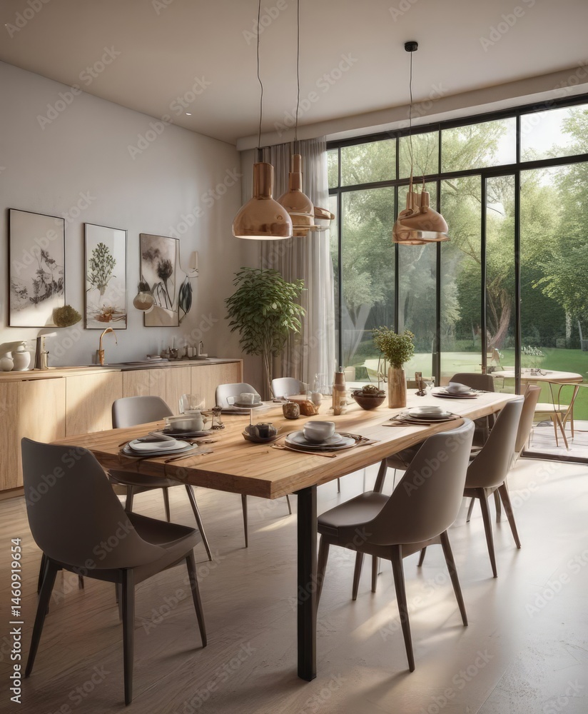 Fototapeta premium Open-concept studio with stylish dining area, natural light, chic, simple, breakfast nook