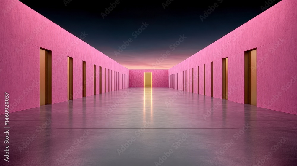 Minimalist Pink Corridor with Golden Doors Abstract Architecture Interior Design