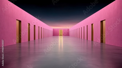 Minimalist Pink Corridor with Golden Doors  Abstract Architecture  Interior Design