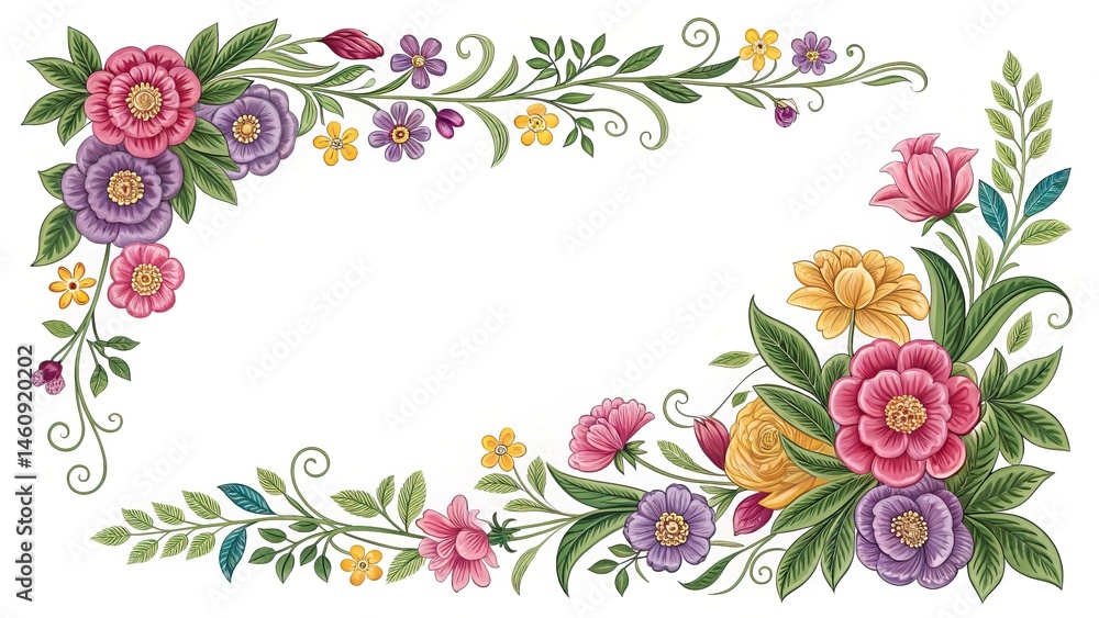 Fototapeta premium Elegant floral design frame featuring roses, leaves, and small decorative flowers