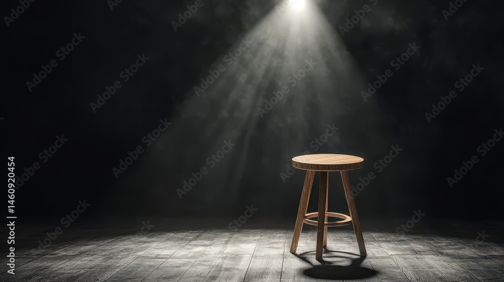 Dramatic Stage Spotlight on Empty Wooden Stool