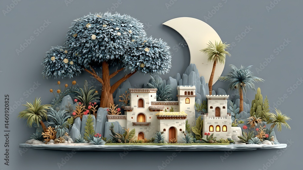 Serene Oasis Nighttime Minimalist Village Illustration