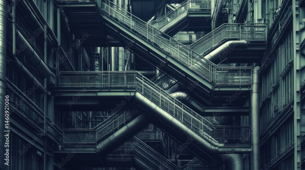 Intricate network of metal staircases and pipes within a large industrial building. Intricate network of metal staircases and pipes within a large industrial building.
