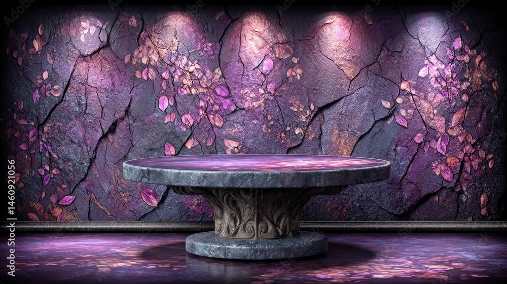 Purple Grunge Background with Stone Table Floral Design