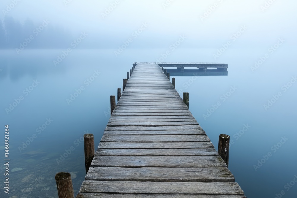 Fototapeta premium Tranquil wooden dock extends into a misty lake