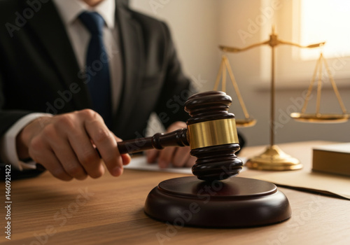 Judge's gavel resting on the table.