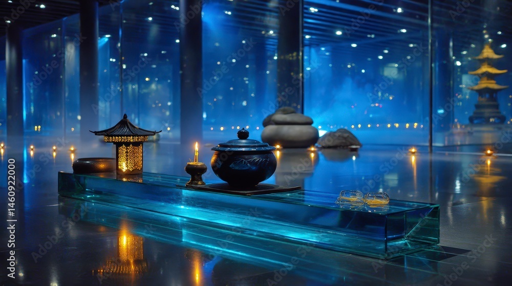 Serene Spa Tranquil Asian Zen Meditation Room Candles Glass Table