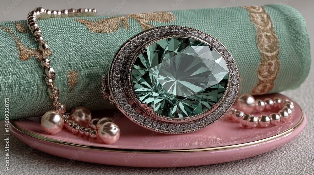 Elegant Green Gemstone Ring with Pearl Necklace on Pink Dish