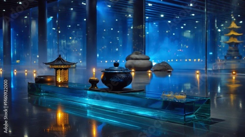 Obraz na płótnie Serene Spa Tranquil Asian Zen Meditation Room Candles Glass Table w salonie