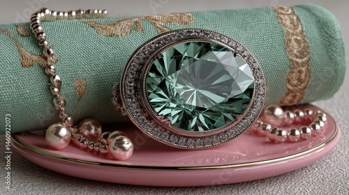 Obraz na płótnie Elegant Green Gemstone Ring with Pearl Necklace on Pink Dish w salonie