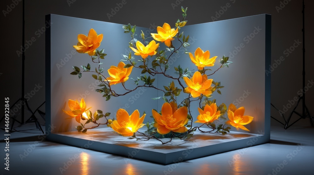 Illuminated Yellow Flowers Minimalist Studio Photography Backdrop Elegant Floral Arrange