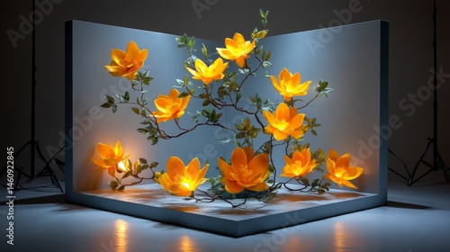 Obraz na płótnie Illuminated Yellow Flowers Minimalist Studio Photography Backdrop Elegant Floral Arrange w salonie