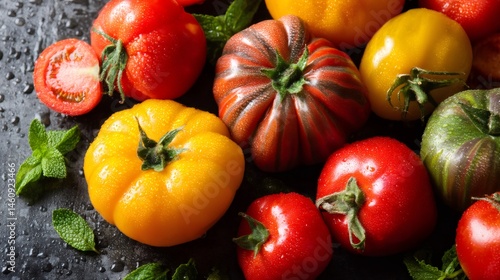 Colorful heirloom tomatoes with fresh mint on dark background