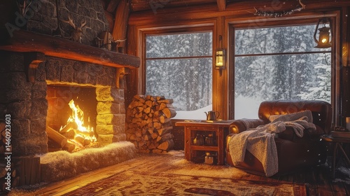 A cozy, rustic log cabin interior during winter.