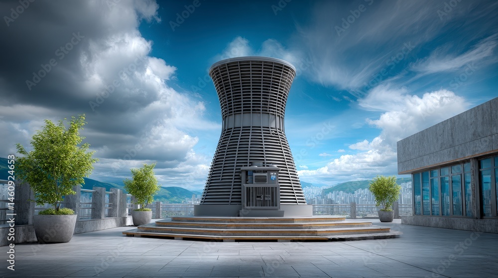 Industrial Cooling Tower on Rooftop Cityscape View