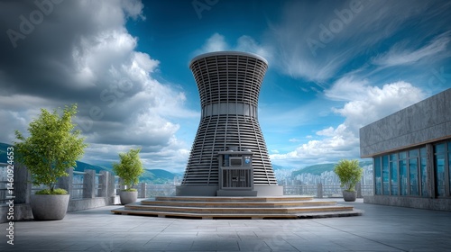 Obraz na płótnie Industrial Cooling Tower on Rooftop Cityscape View w salonie