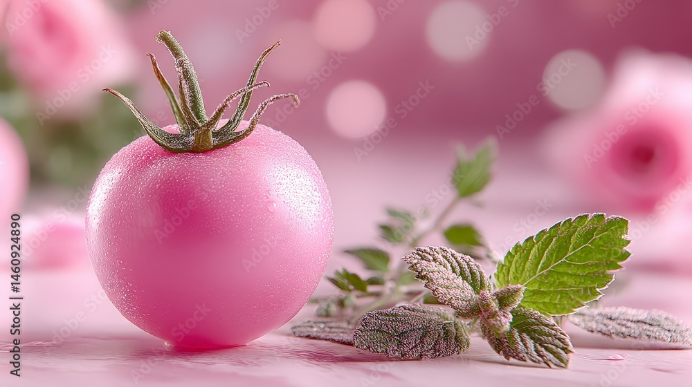 Pink Tomato with Mint Leaves Minimalist Food Photography Fresh Produce Closeup