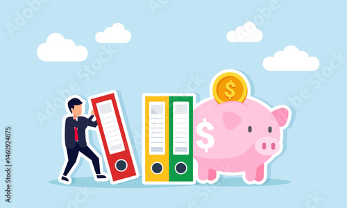 Businessman supporting company document binder beside piggy bank illustrating business investment document archive