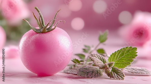 Obraz na płótnie Pink Tomato with Mint Leaves Minimalist Food Photography Fresh Produce Closeup w salonie