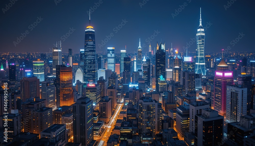 Obraz premium Nighttime Aerial View of Illuminated City Skyline