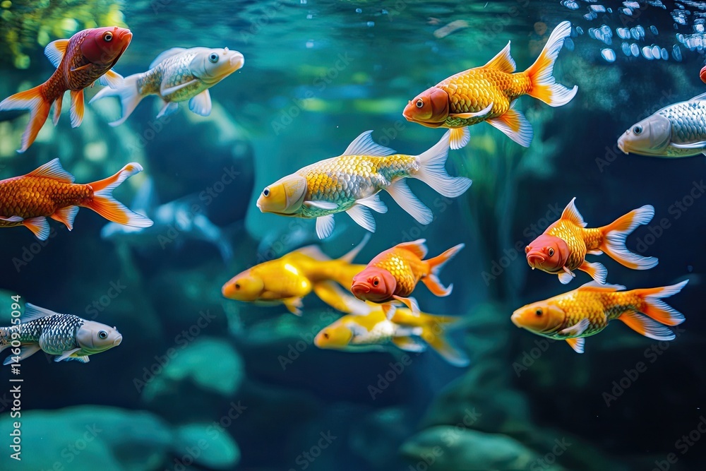 Fototapeta premium Colorful fish swimming in an aquarium. A variety of goldfish in a vibrant underwater scene