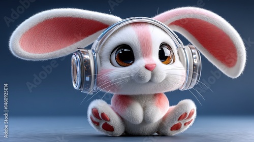Adorable Bunny Rabbit with Headphones  Easter  Cute  3D Render