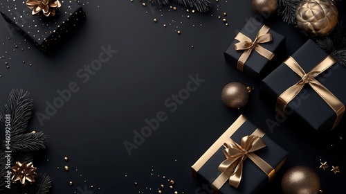 Festive black and gold gift boxes and ornaments on dark background.