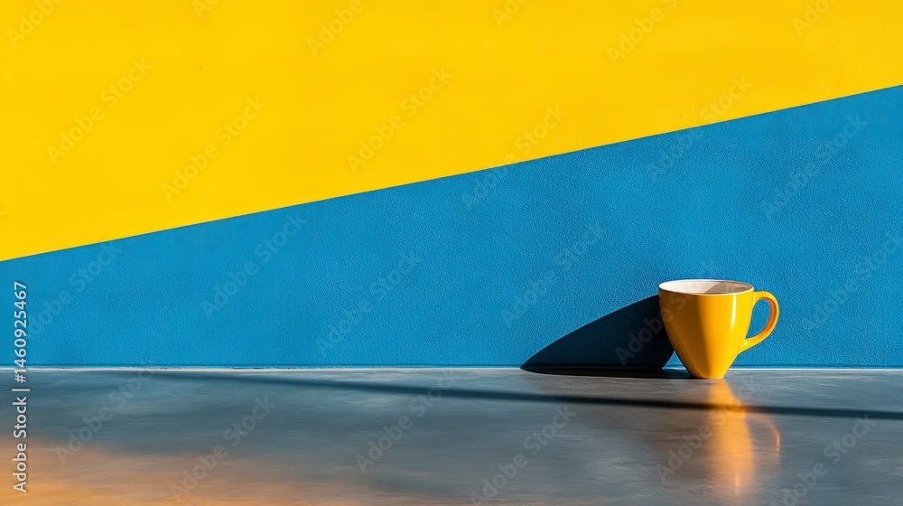 Minimalist Yellow Mug on Blue and Yellow Wall
