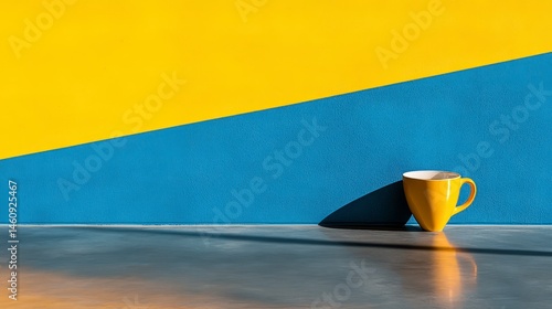 Obraz na płótnie Minimalist Yellow Mug on Blue and Yellow Wall w salonie