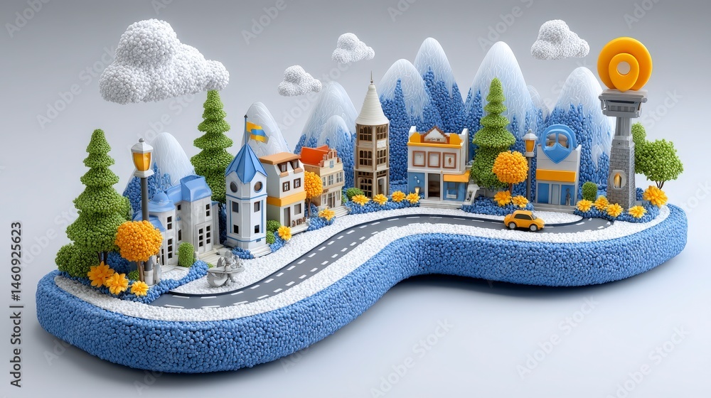 Charming 3D Town Model Scenic Route Travel Tourism Map Icons