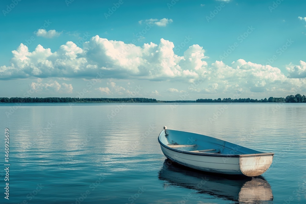 Fototapeta Tranquil lake scene with a small white boat. Calm water reflects the sky and clouds. Lush green shoreline