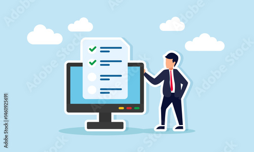 Businessman standing beside personal computer monitor displaying checklist document illustrating digitalization of business administration system