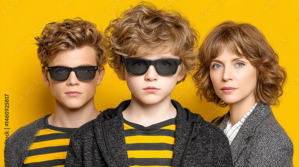 Stylish Family Portrait Sunglasses Yellow Background Happy Kids Mom