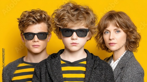 Obraz na płótnie Stylish Family Portrait Sunglasses Yellow Background Happy Kids Mom w salonie