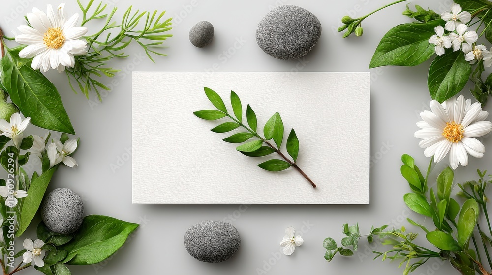 Serene Spa Minimalist Mockup Blank Card Flowers Stones