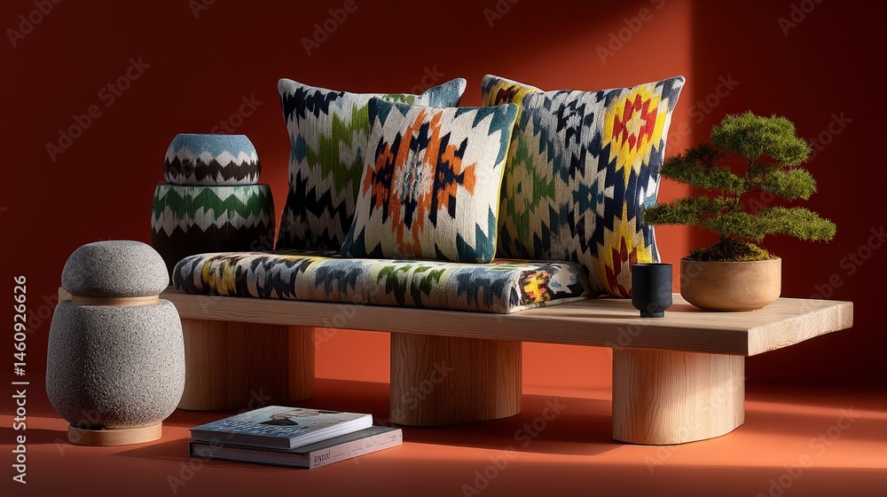 Modern Minimalist Home Decor Ethnic Textile Cushions Wooden Bench