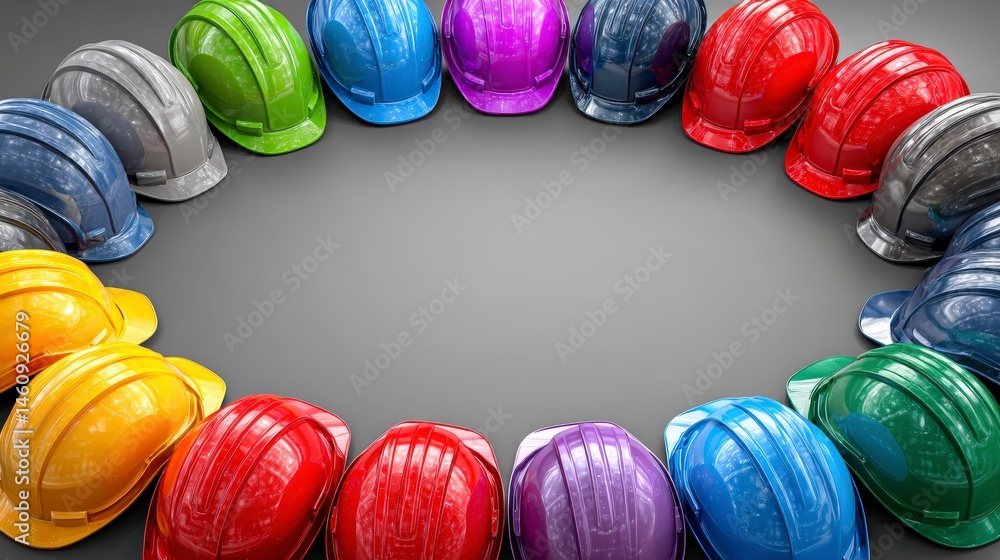 Colorful Hard Hats Circle Teamwork Construction Safety