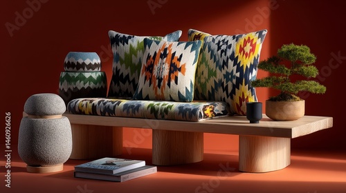 Obraz na płótnie Modern Minimalist Home Decor Ethnic Textile Cushions Wooden Bench w salonie