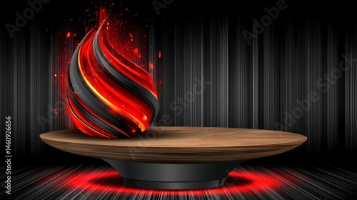 Obraz na płótnie Abstract Red Black 3D Sphere on Wooden Display Stand Dark Background w salonie