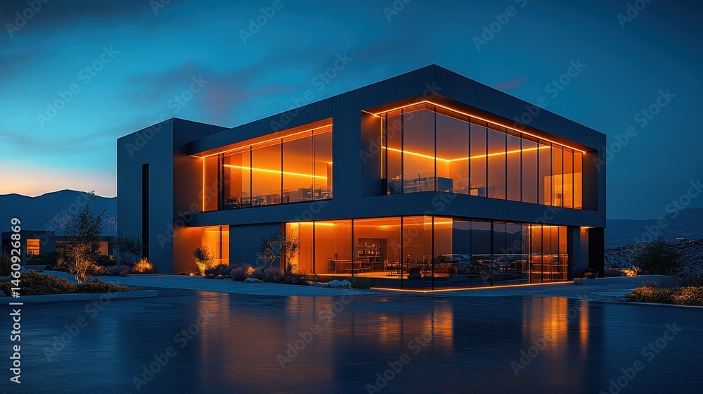 Fototapeta premium Modern house illuminated by warm light at twilight.