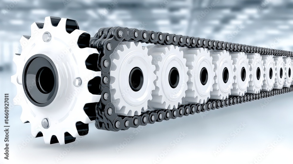 Industrial Gears Cogs and Chain Mechanism Precision Engineering Close up