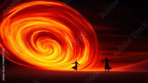 A mesmerizing scene of two figures standing in a desert before a fiery vortex, embodying warmth, beauty, and mystique in a surreal landscape
